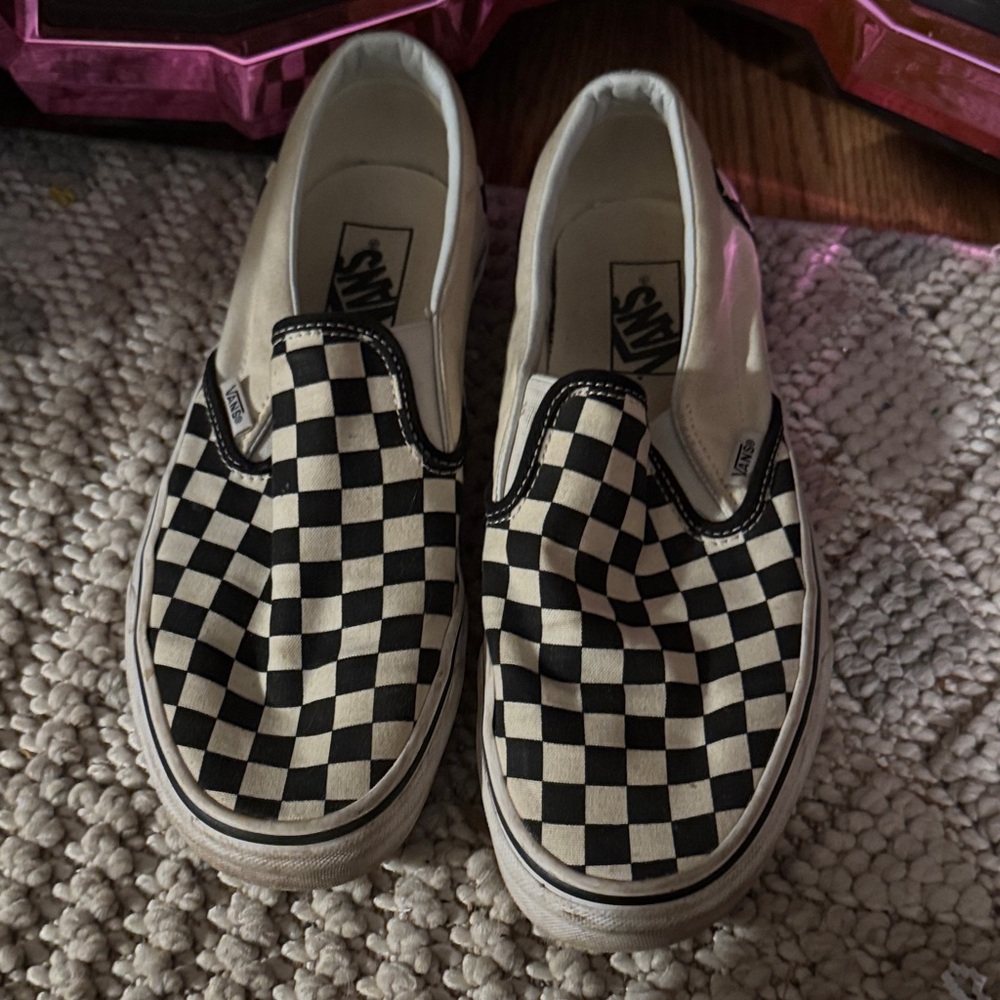 Vans Women's Black and Cream Checkered Slip-On Sneakers